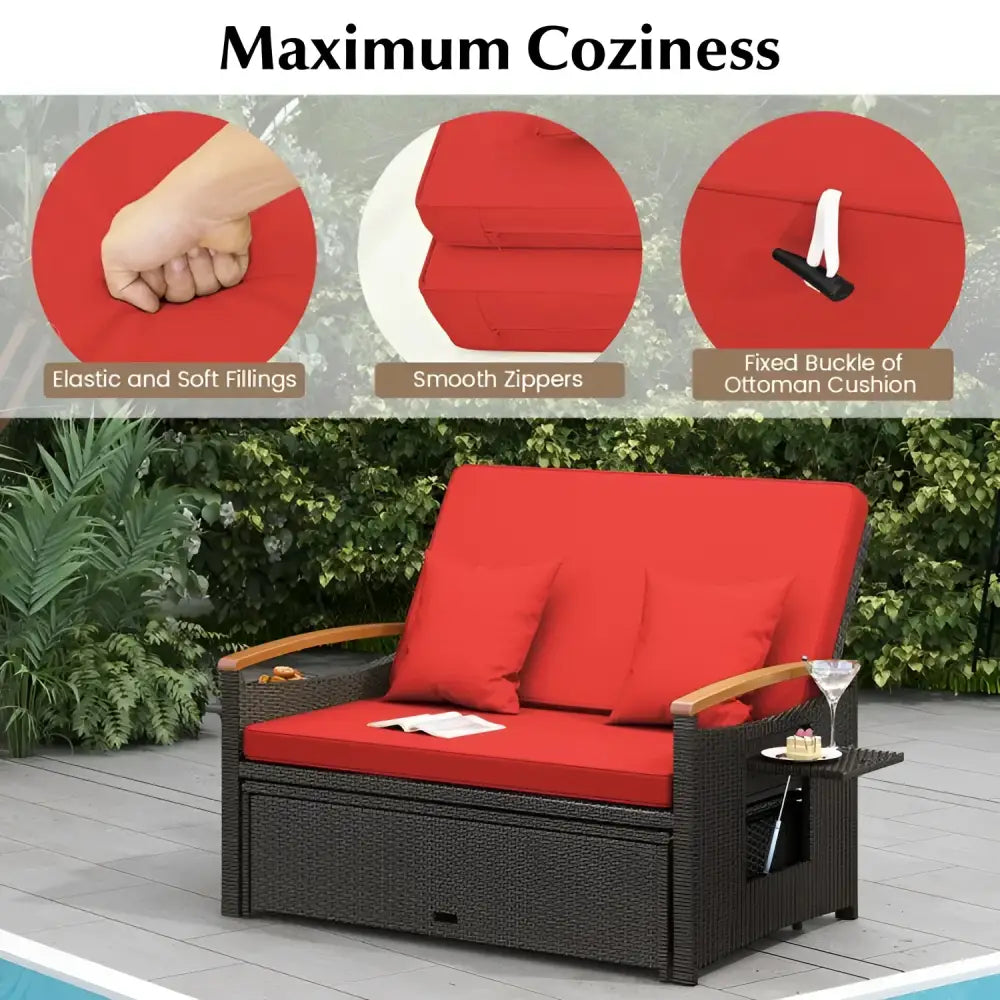 Red cushioned outdoor sofa from Wicker Daybed with Ottoman Cushion Conversation Set