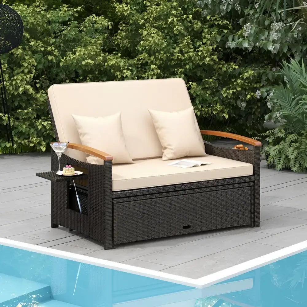 Wicker outdoor loveseat with pull-out storage, ottoman cushion, part of conversation set