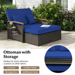 Wicker outdoor ottoman with blue cushion and storage for conversation set use
