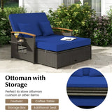 Wicker outdoor ottoman with blue cushion and storage for conversation set use
