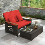 Outdoor wicker loveseat and coffee table set with ottoman cushion for conversation comfort