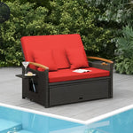 Wicker loveseat with red cushions in a conversation set featuring ottoman cushion and sturdy design