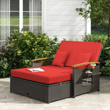 Red cushioned wicker chaise lounge from Wicker Daybed with Ottoman Cushion Conversation Set