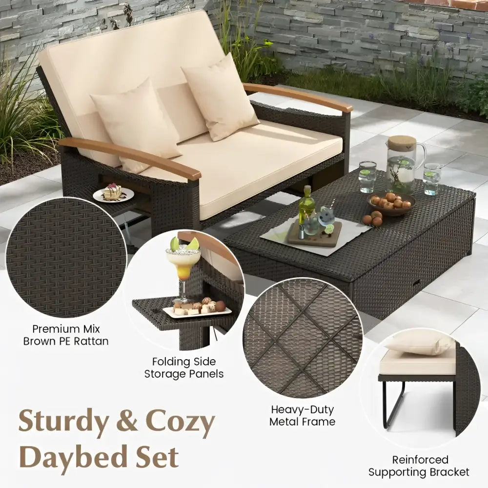 Brown rattan outdoor daybed with ottoman cushion in a Wicker Conversation Set