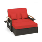 Red cushioned outdoor Wicker Daybed with Ottoman Cushion in a conversation set