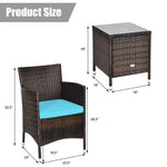 Wicker patio furniture set with coffee table and dimensions highlighting weight capacity