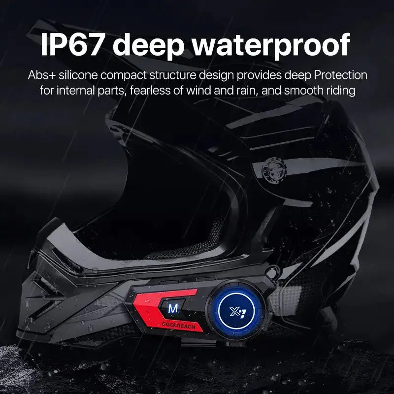 Black motorcycle helmet with communication device, X7 BT helmet headset with noise cancellation