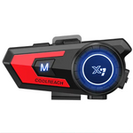 Black and red motorcycle helmet headset with communication device and noise cancellation