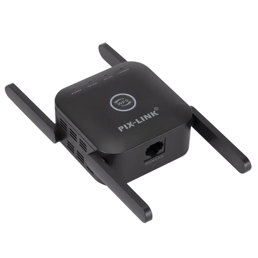 Black Wi-Fi range extender with four antennas, blue light indicator, reset hole, suitable for Xiaomi 300Mbps WiFi booster