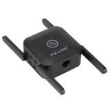 Black Wi-Fi range extender with four antennas, blue light indicator, reset hole, suitable for Xiaomi 300Mbps WiFi booster