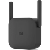 Black Xiaomi WiFi range extender with dual antennas, featuring blue light and reset hole