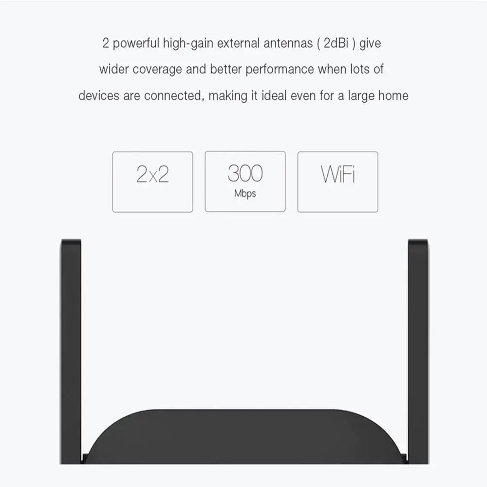 Black wireless router with two antennas featuring reset hole and blue light indicator