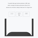 Black wireless router with two antennas featuring reset hole and blue light indicator