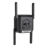 Black Xiaomi WiFi range extender with antennas featuring reset hole and blue light indicator